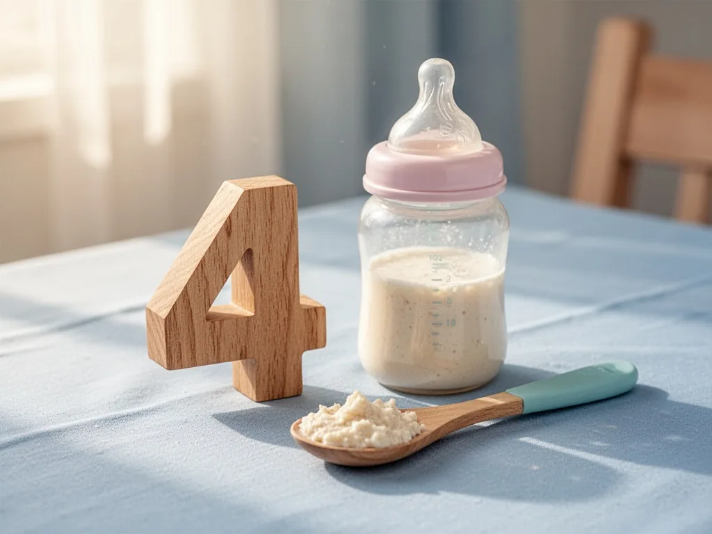 A wooden number 4 block beside a baby bottle and a spoon with infant cereal on a light blue tablecloth, soft morning sun