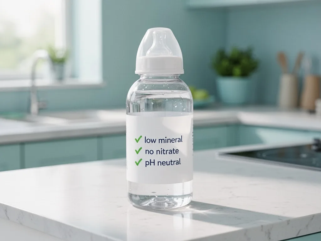 A clear plastic baby water bottle with a white label, three small green checkmarks next to the words 'low mineral', 'no