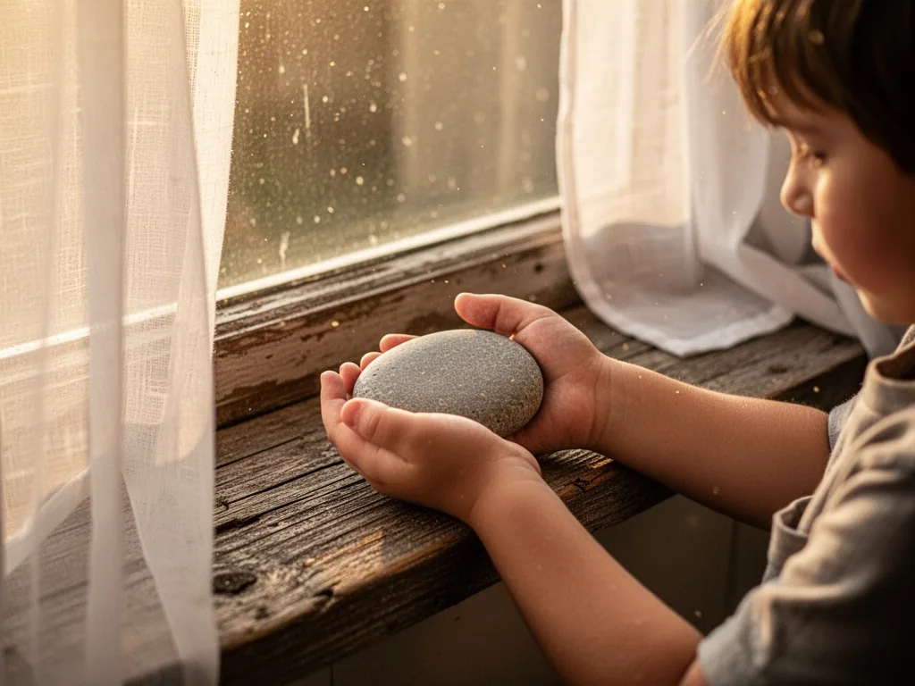 A child's hands gently holding a smooth grey river stone, resting on weathered wooden windowsill, soft golden afternoon