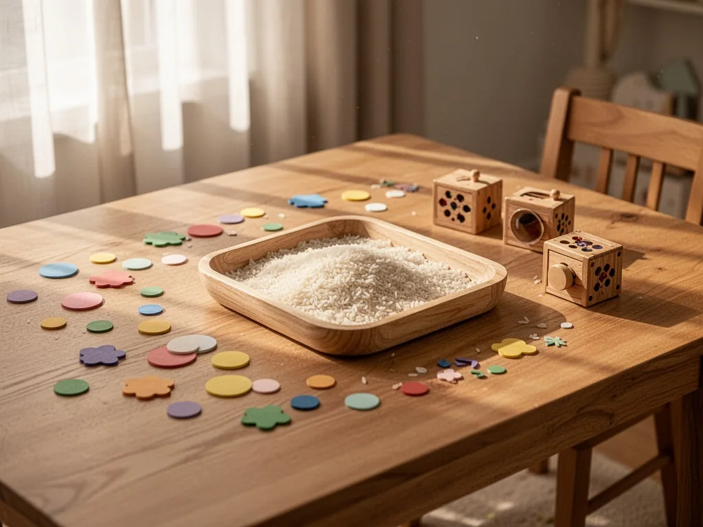 A calm wooden table setting with colorful gommettes, a shallow tray of rice for sensory play, and tiny wooden sound boxe