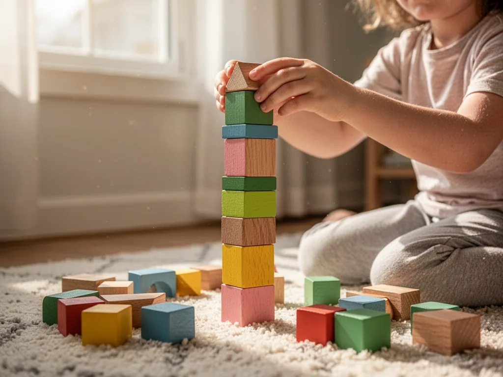 A child's hands carefully stacking colorful wooden building blocks into a tall tower on a soft rug, warm daylight from a