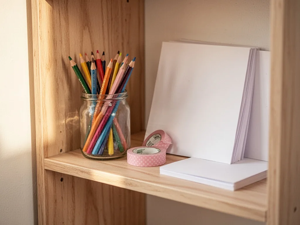 A small wooden shelf corner with neatly arranged minimal art supplies: a glass jar of colored pencils, a roll of washi t