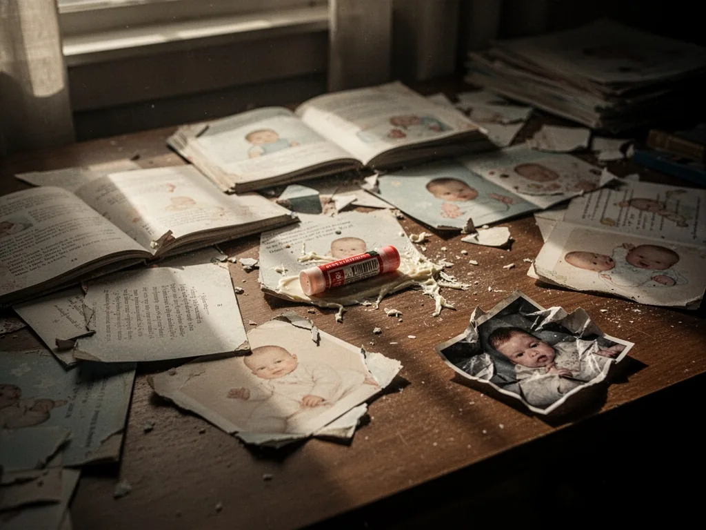 A cluttered desk with scattered baby book pages, torn corners, dried glue stick, and a crumpled photo, dim afternoon lig
