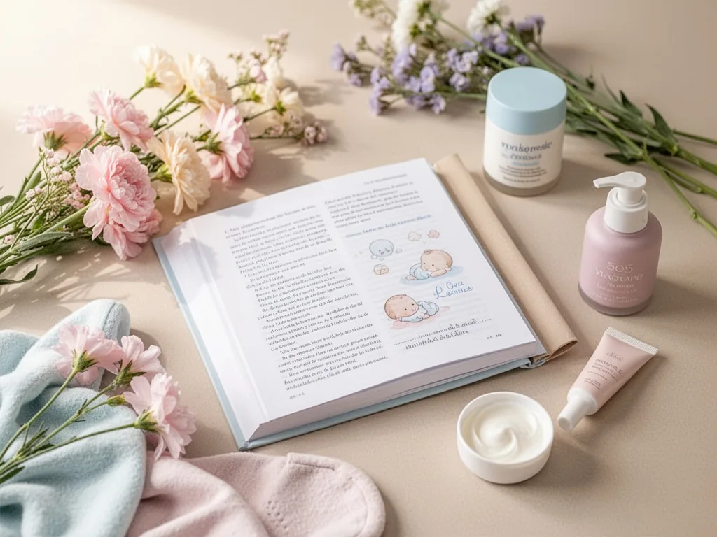 Des mains posent des photos et des petits mots sur une page de livre de naissance en cours de création, avec des éléments de décoration autour.