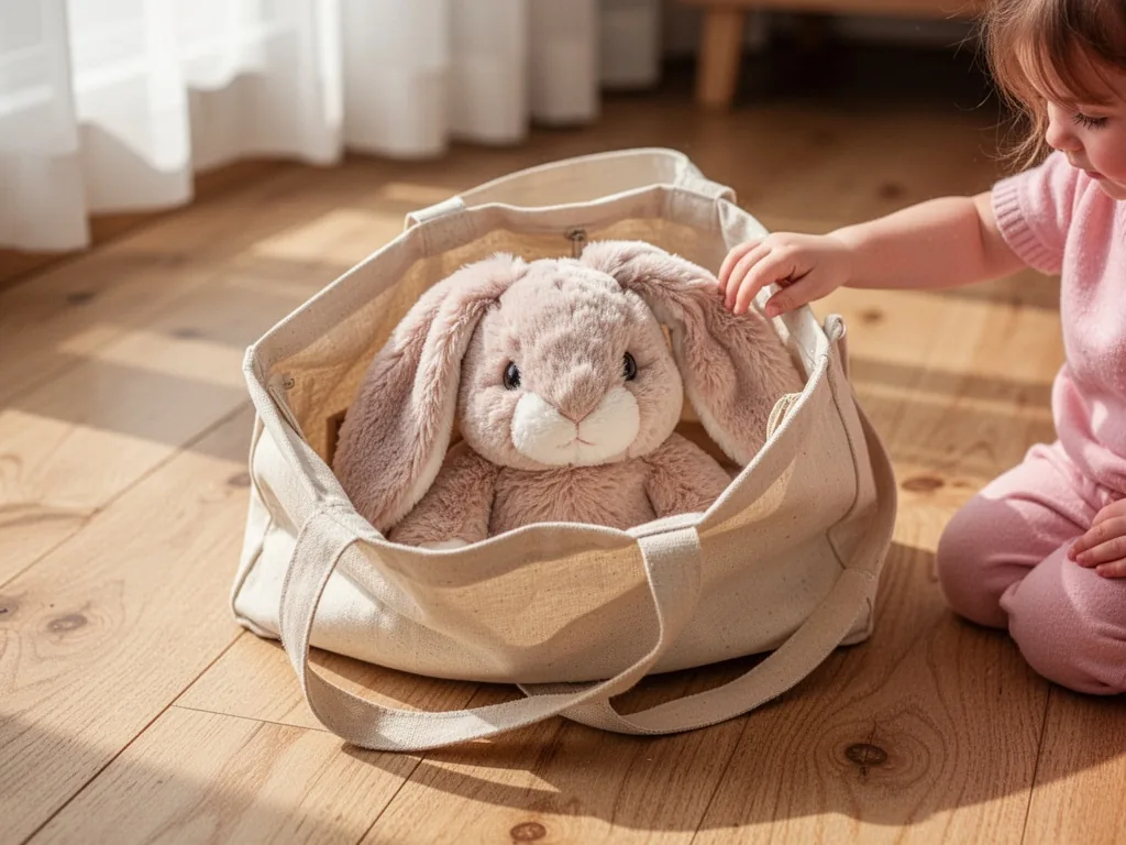A soft plush bunny peeking out from an open canvas tote bag on a sunlit wooden floor, a child's small hand gently touchi