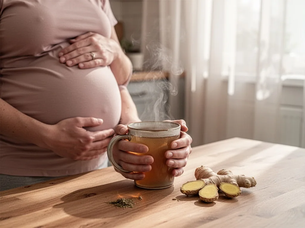 A pregnant woman's hands wrapping around a steaming mug of ginger tea on a wooden kitchen table, soft daylight filtering