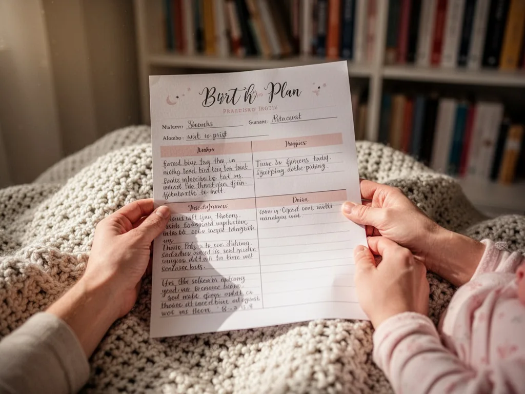 Two pairs of hands holding a handwritten birth plan document on a knitted blanket, gentle side lighting, blurred bookshe