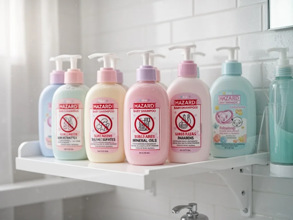 A row of baby shampoo bottles with red hazard labels for sulfates, mineral oils, and parabens, on a white bathroom shelf