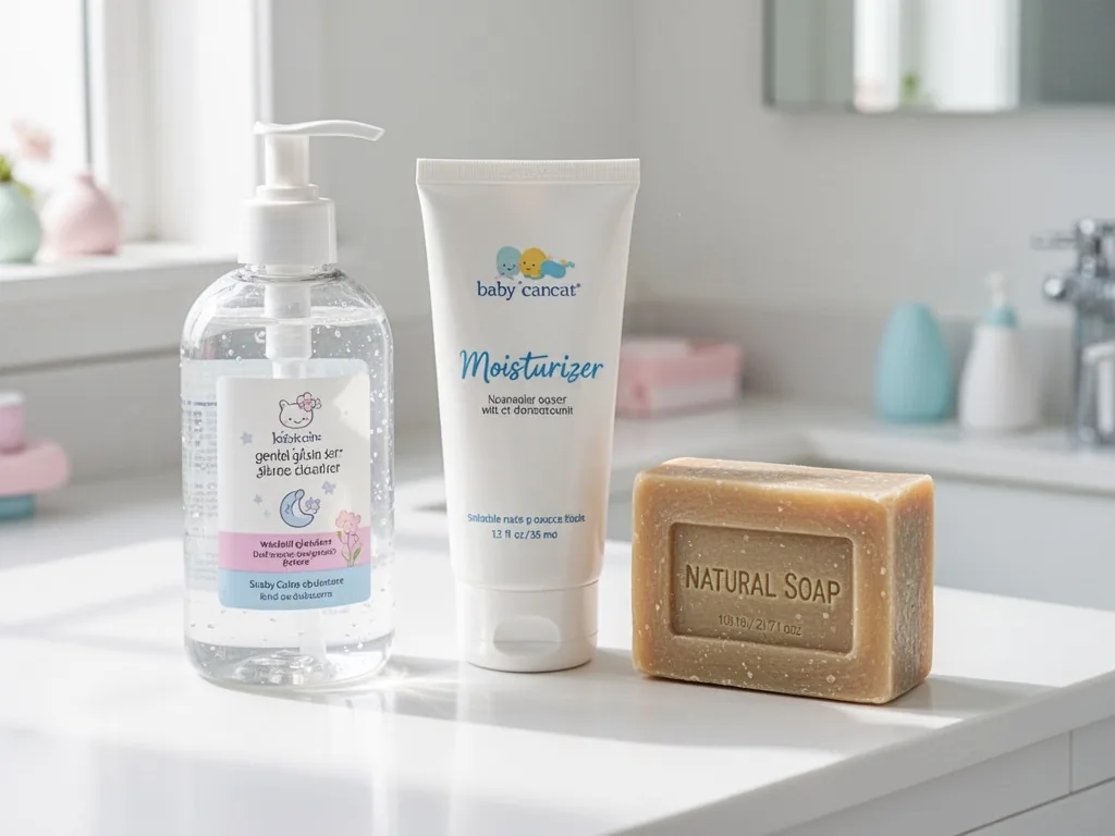 Three baby care products on a clean white counter: a clear gentle cleanser bottle, a white moisturizer tube, and a natur