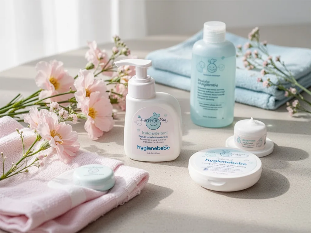 Une maman applique doucement une crème sur le ventre de son bébé allongé sur une serviette, avec des produits naturels à côté.