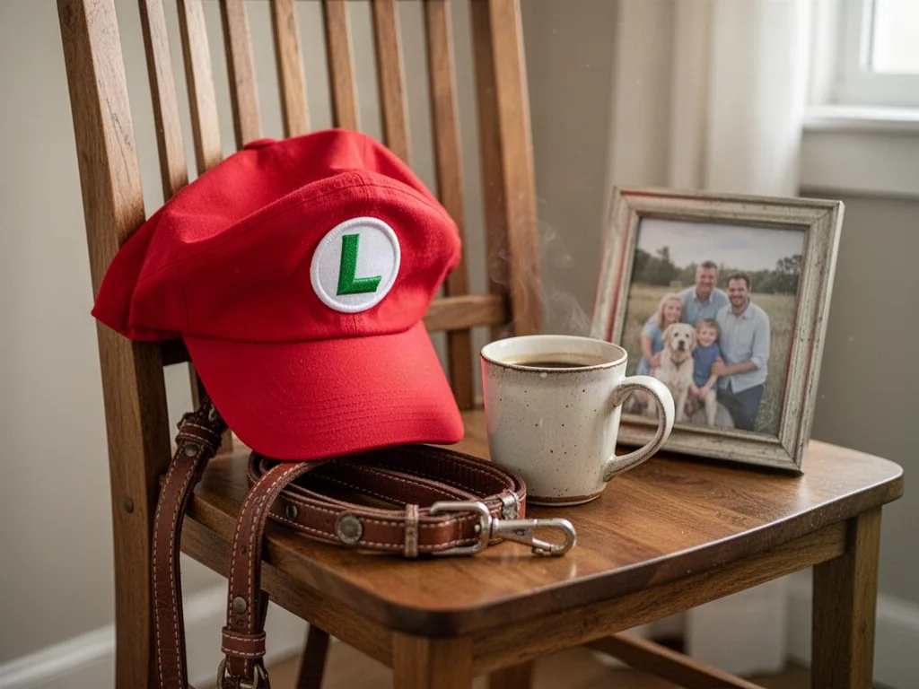A red Luigi cap draped over a wooden chair next to a dog leash, a half-empty coffee mug, and a family photo frame, soft