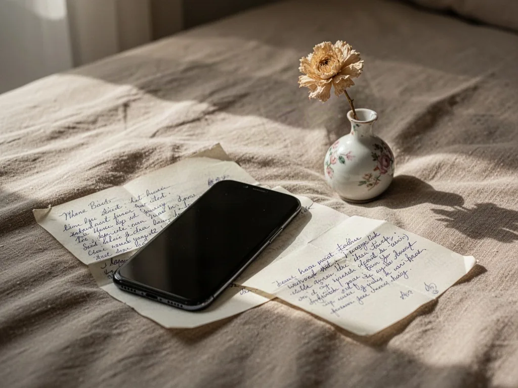 A smartphone lying face-down on a beige linen bedsheet beside a handwritten letter, a small porcelain vase with one drie