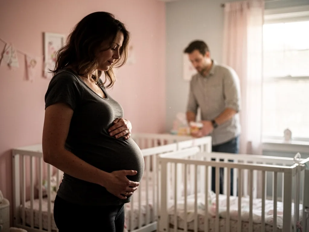 A pregnant woman's silhouette placing both hands on her belly, standing near a blurred man in a sunlit nursery, soft pas
