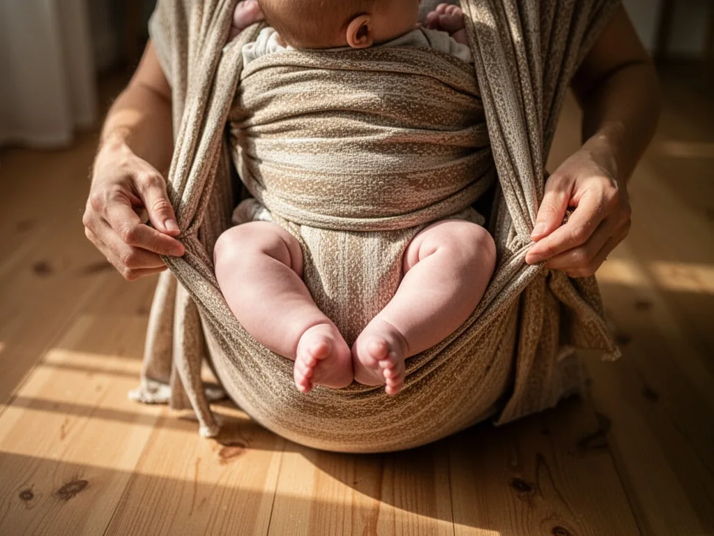 A baby's legs forming an M-shape inside a woven wrap carrier, adult hands pulling fabric taut, soft morning light fallin