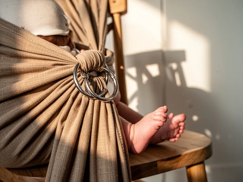 A ring sling with shiny metal rings draped over a chair, a baby's bare foot protruding, warm afternoon sunlight creating