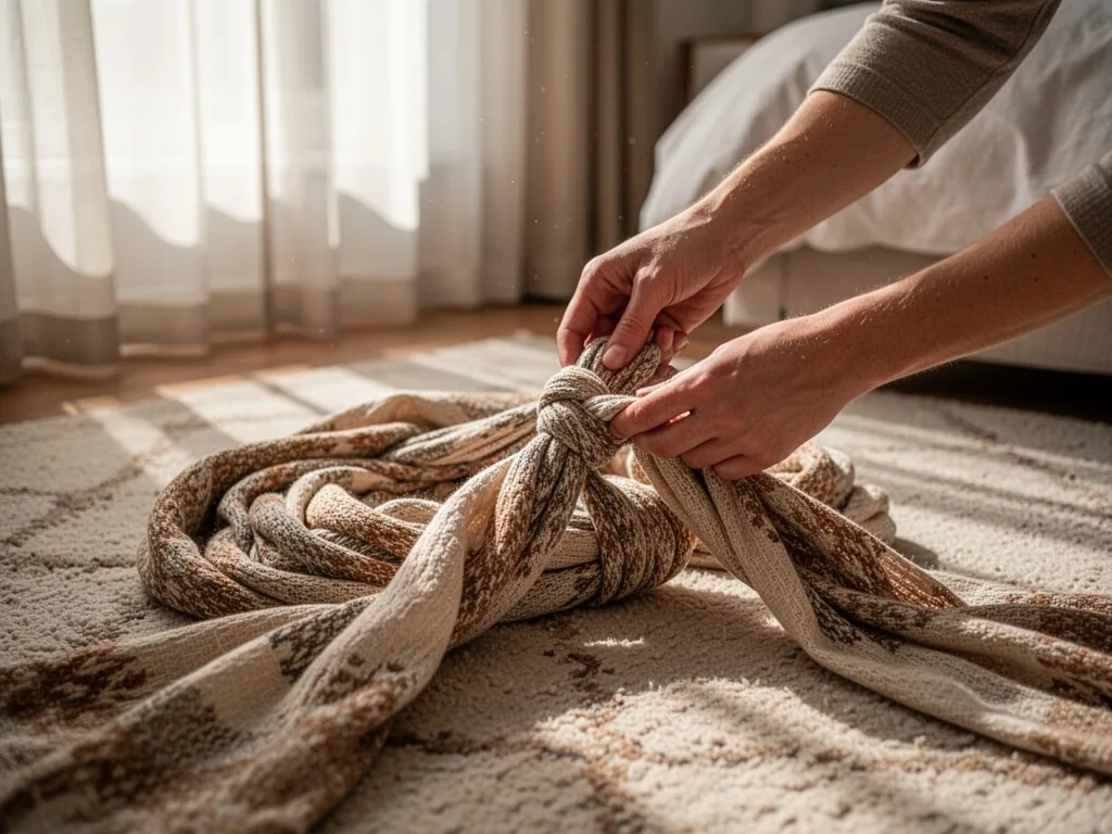 A tangled woven wrap lying on a soft rug, two hands gently untangling a knot, afternoon light filtering through sheer cu