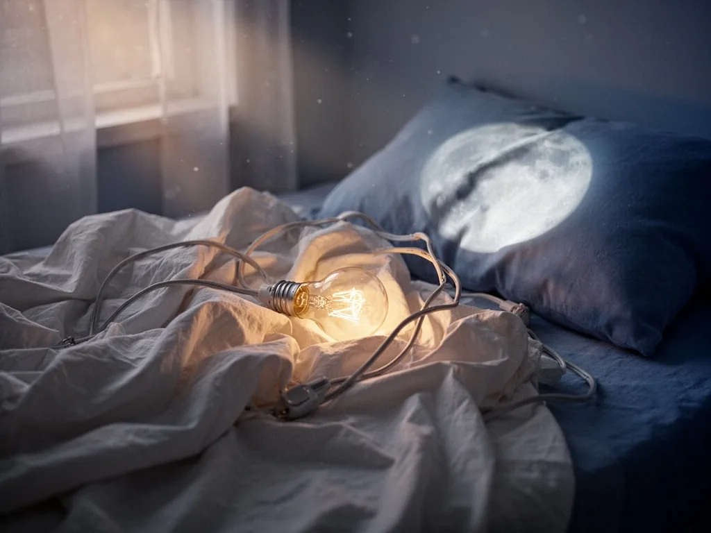 A crumpled white bedsheet tangled with a glowing light bulb, pale moonlight streaming through a window onto a pillow, so