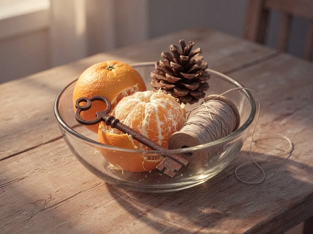 A glass bowl on a wooden table holding a peeled orange, rusty key, pinecone, and spool of thread, warm golden light cast
