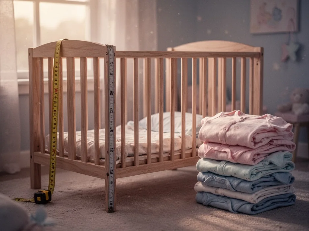 A half-assembled wooden crib with a measuring tape draped over one side, a stack of folded baby onesies, soft morning wi