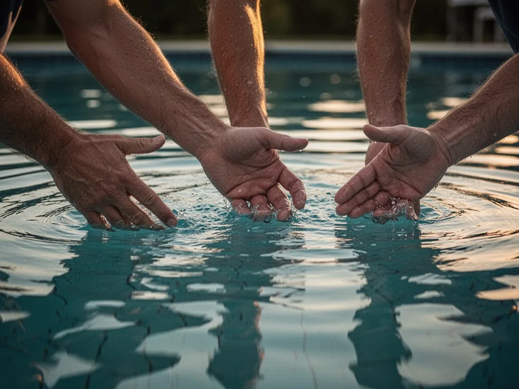 Three adult hands in a row, each performing a distinct rescue gesture over a still swimming pool surface, late afternoon
