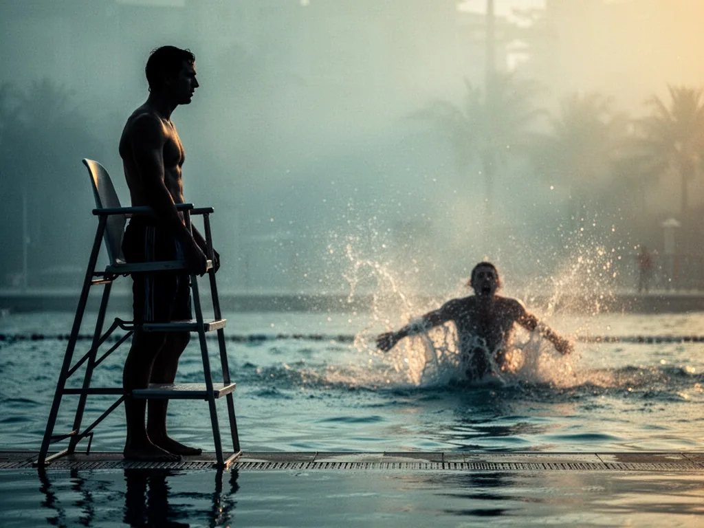 A calm silhouette of a lifeguard standing still at pool edge, contrasted with a blurred panicked figure splashing in bac