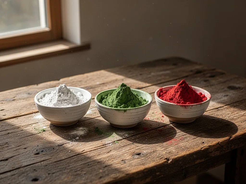 Three small ceramic bowls of white, green, and red clay powders on a rustic wooden table, morning sunlight streaming fro