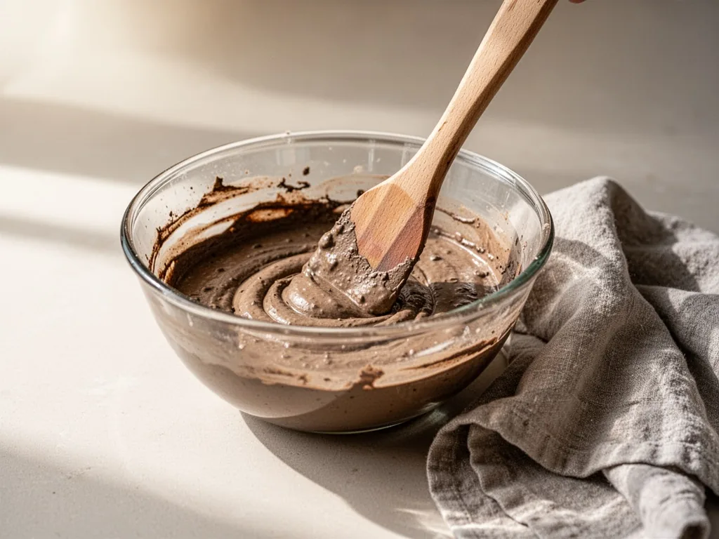A wet clay mixture being stirred with a wooden spatula in a glass bowl, a damp cloth draped beside it, soft diffuse ligh