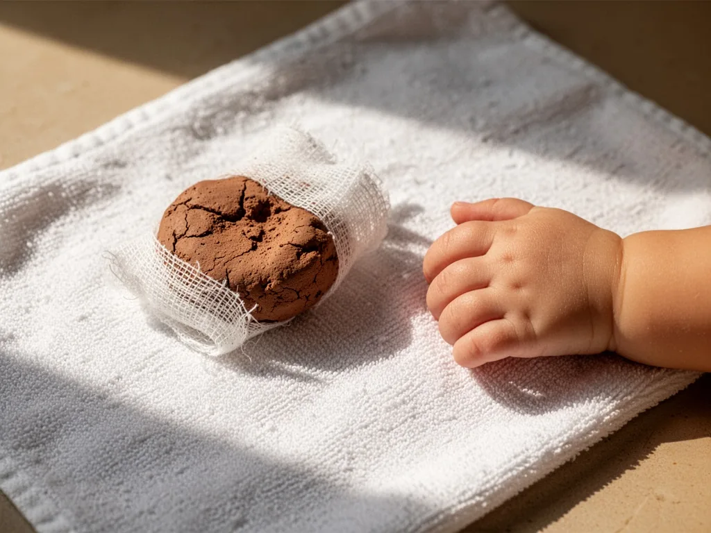 A small clay poultice wrapped in white gauze lying next to a child's tiny hand on a cotton towel, gentle afternoon light