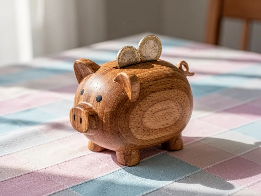 A wooden piggy bank with two coins partly inserted, placed on a pastel tablecloth, sunlight casting soft shadows across