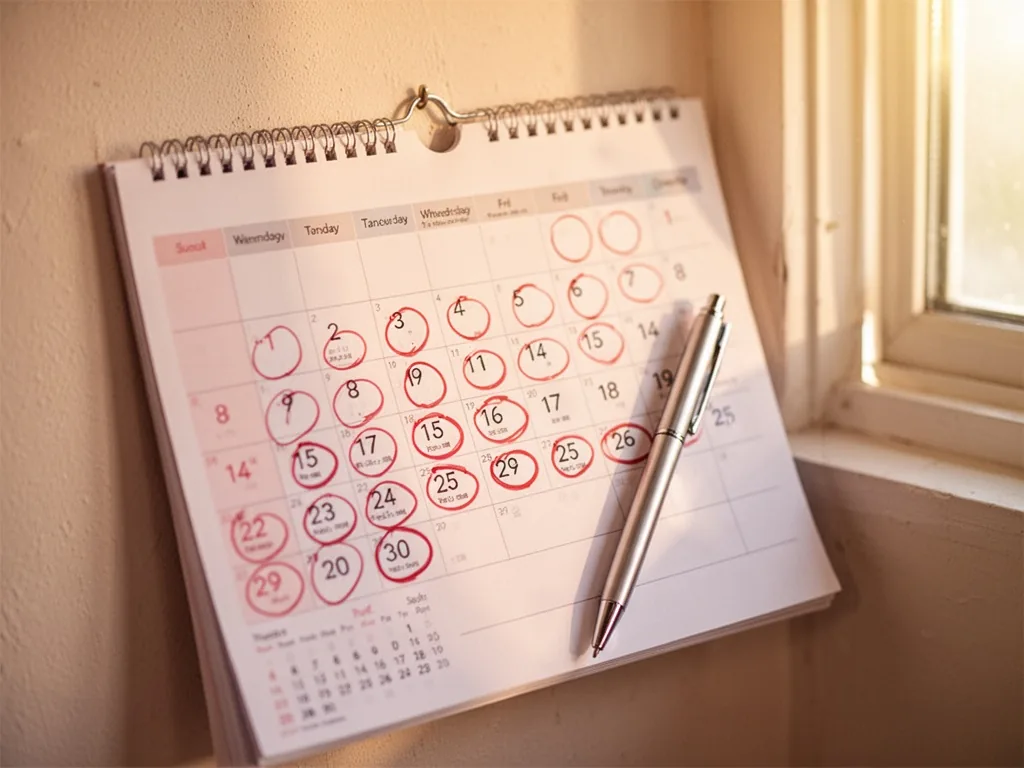 A wall calendar with red circles around highlighted dates, a silver pen resting on it, warm indoor lighting from a nearb