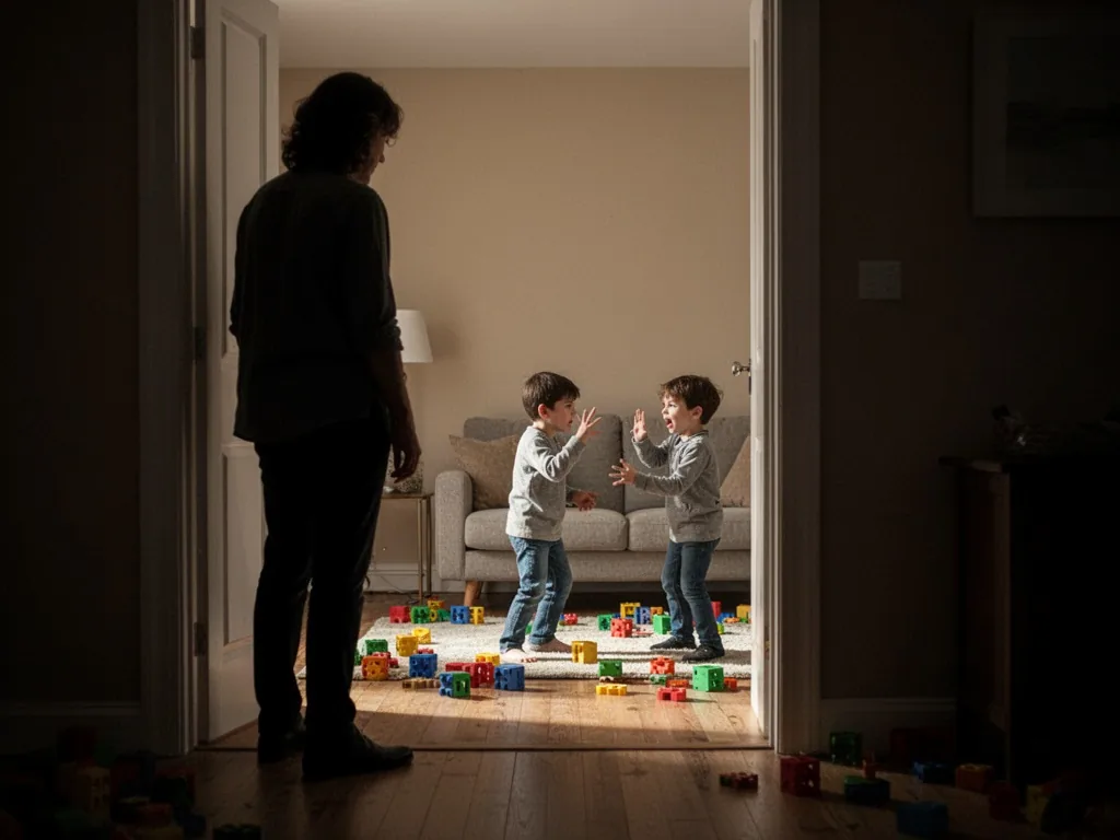 A parent's silhouette standing in a shadowy doorway, watching two children arguing in a sunlit living room, soft beige w