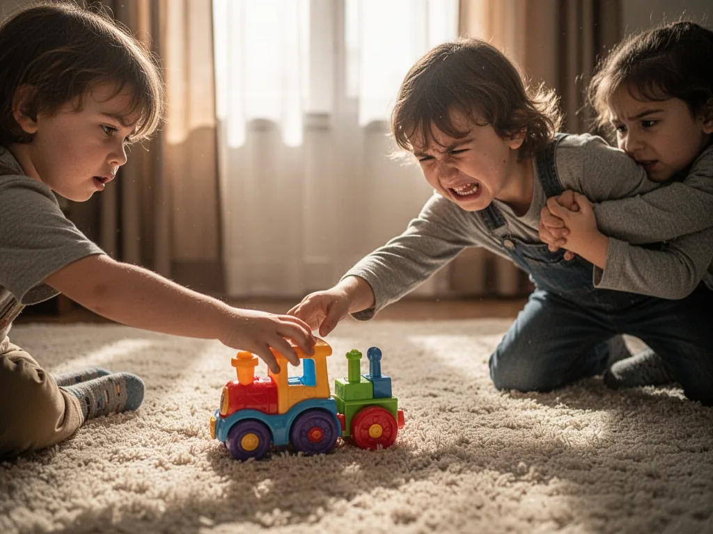 A young child's hand reaching toward another child's toy on a plush carpet, the other child pulling away with a frown, r