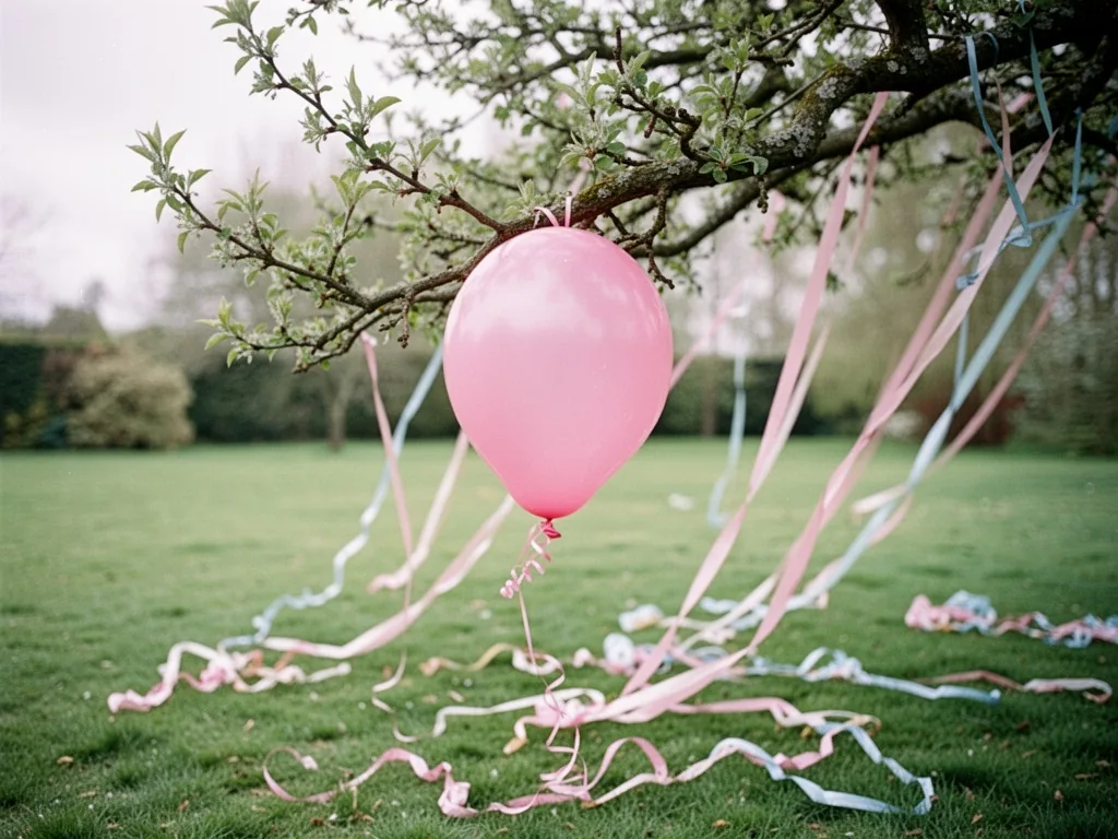 A half-deflated pink balloon tangled in a tree branch above a grassy lawn, party streamers scattered, overcast daylight
