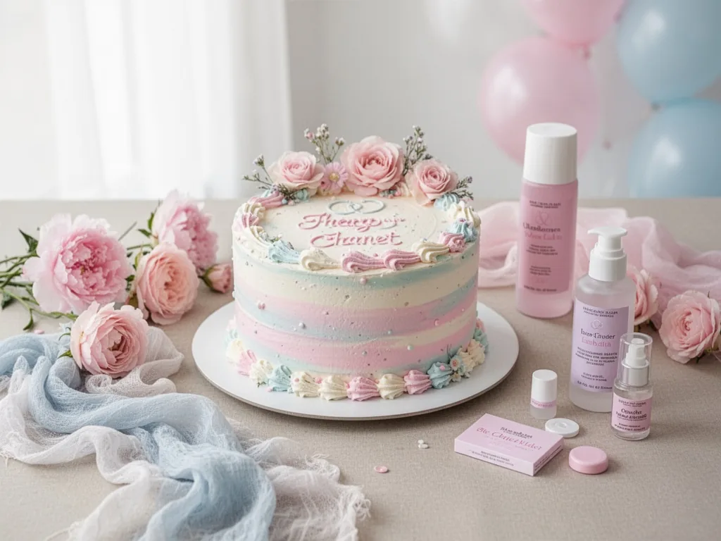 Gâteau gender reveal party avec ganache colorée, entouré de ballons bleu et rose et de confettis, sur une table décorée