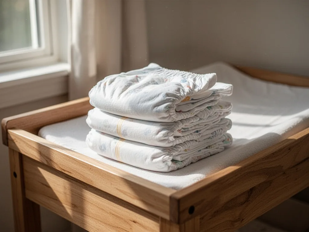 A stack of white newborn cloth diapers on a wooden changing table, soft natural light from a window casting gentle shado