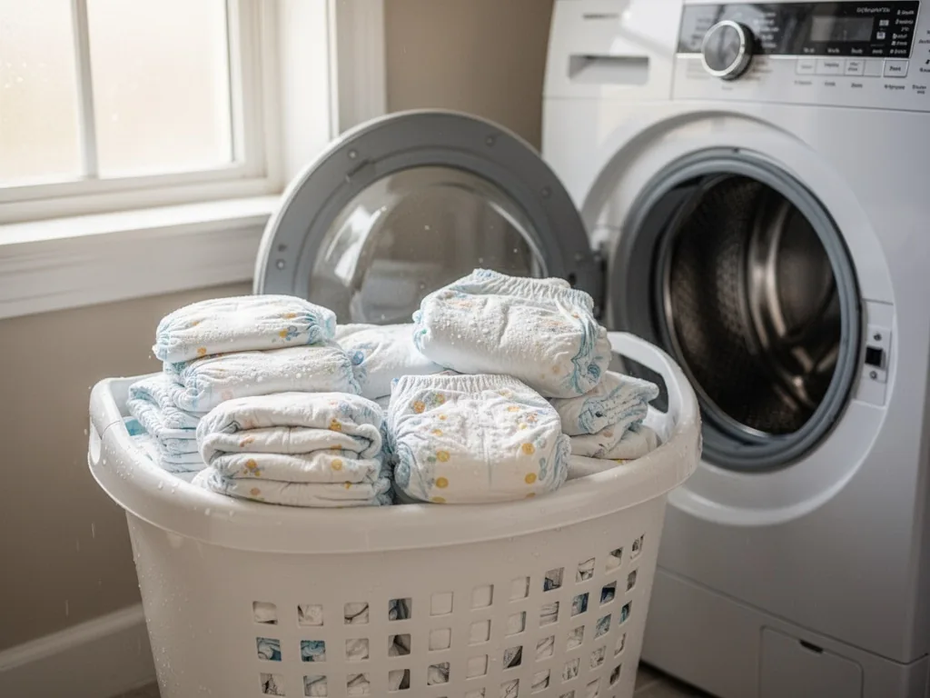 A white wash basket filled with freshly washed cloth diapers, damp and neatly folded, beside a modern front-loading wash