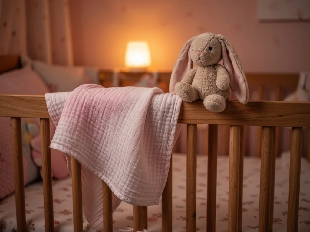 A soft muslin cloth draped over a wooden crib rail, a small plush bunny beside it, warm amber glow from a dim nightlight