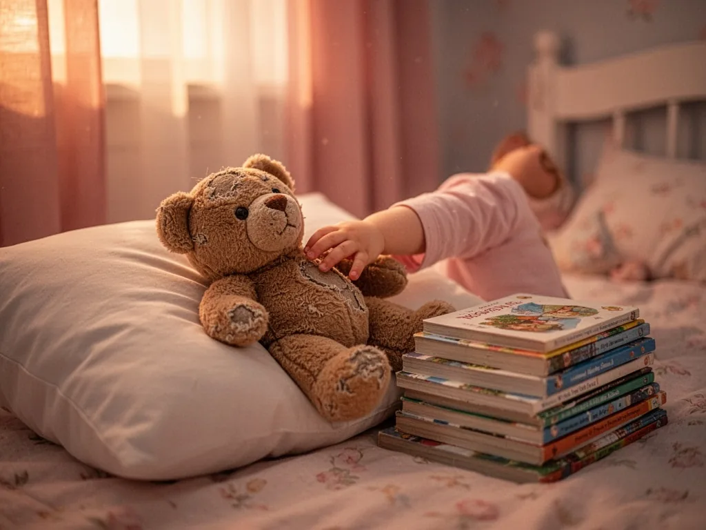 A toddler’s hand placing a worn stuffed bear on a white pillow beside a stack of picture books, soft evening light throu