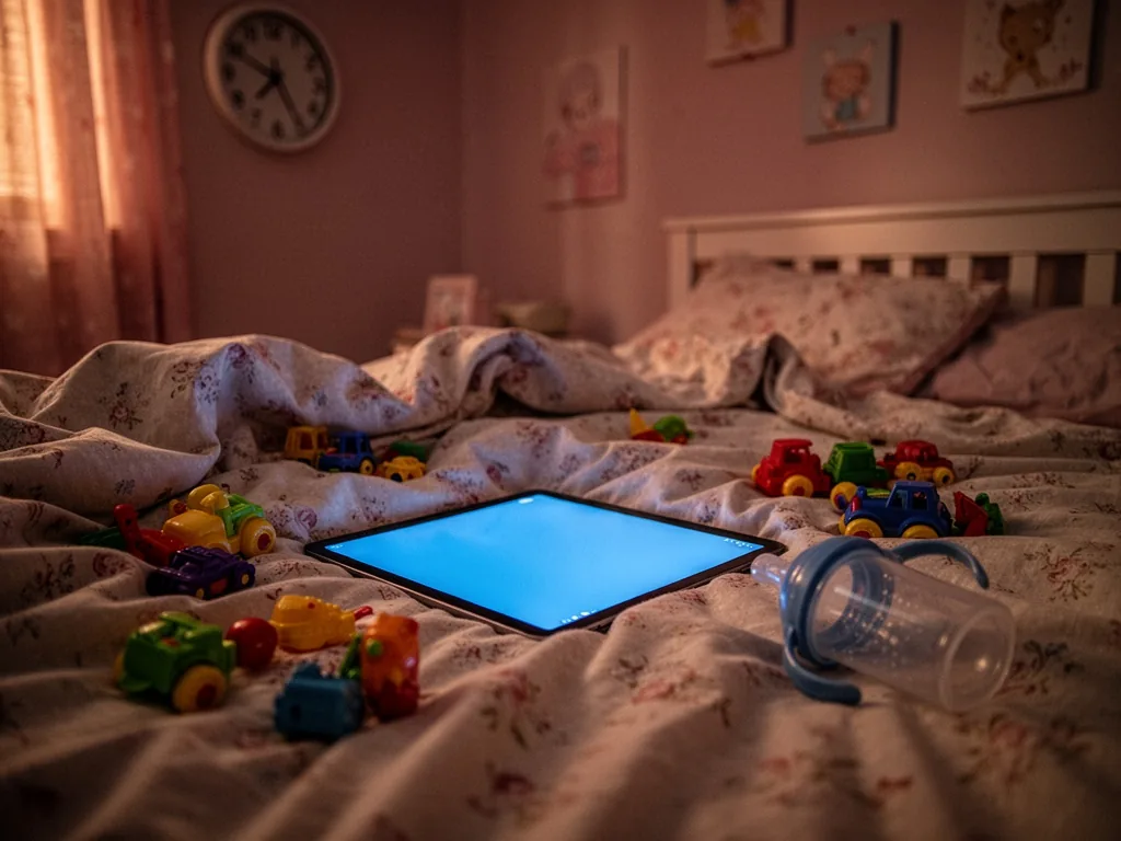 A tablet screen glowing blue on a rumpled bedsheet, scattered plastic toys and a discarded sippy cup, dim room with a cl
