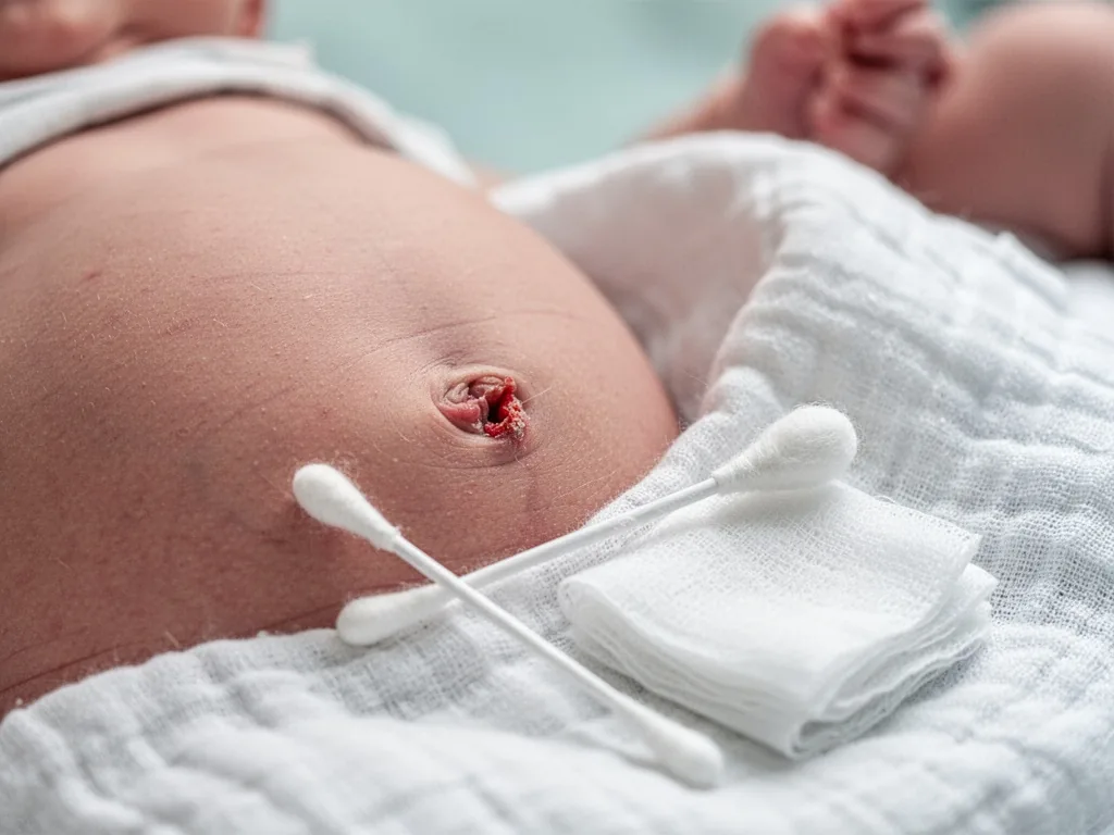 A close-up of a newborn baby's belly button stump, a dry cotton swab and folded gauze beside it on a white muslin cloth,