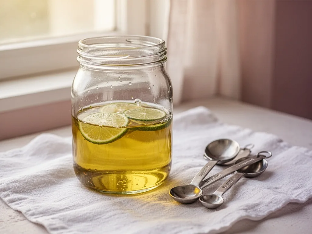 A clear glass jar half-filled with golden olive oil and lime water, measuring spoons beside it on a white linen cloth, s