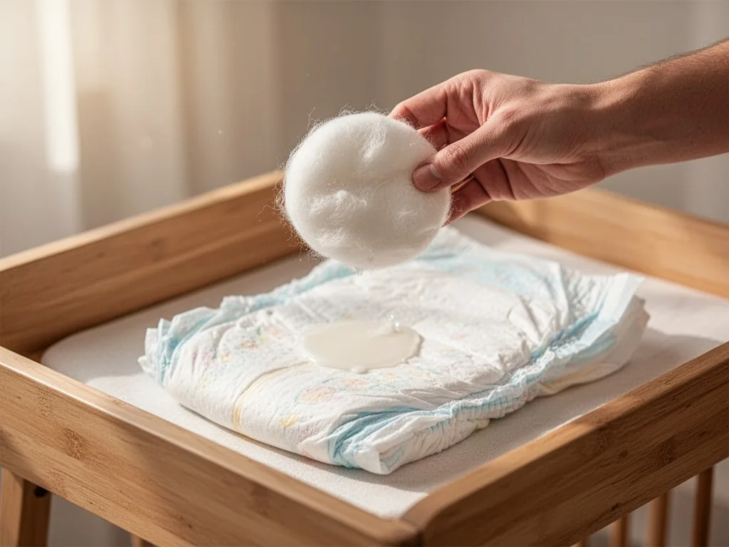 A soft cotton round soaked in white liniment, held above a clean diaper on a wooden changing table, gentle morning sunli