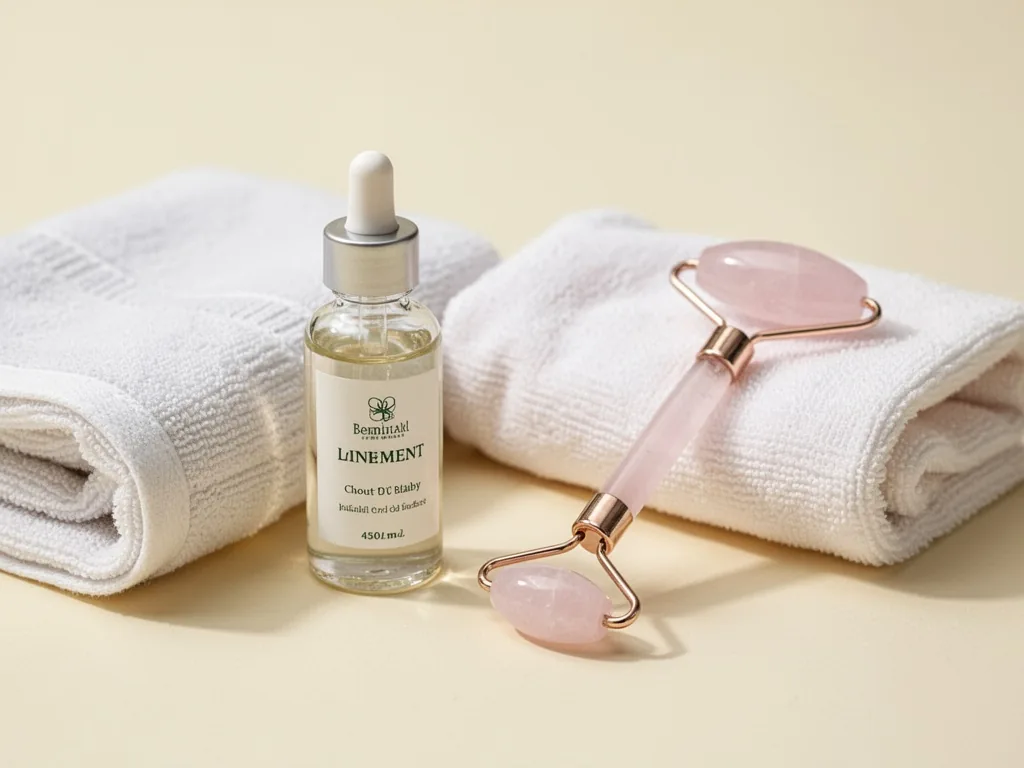 A small glass bottle of liniment next to a folded baby towel and a rose quartz roller, pale cream background, diffused l