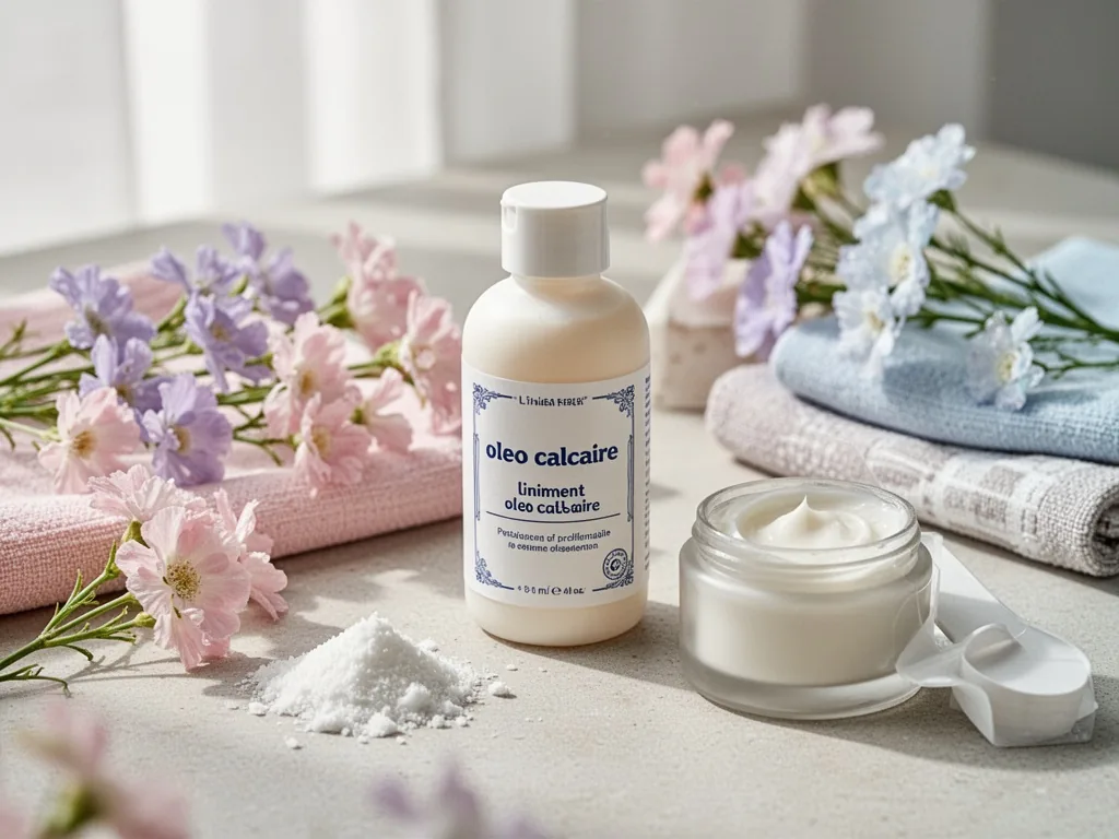 Un flacon de liniment oléo-calcaire posé à côté d’une lingette lavable et d’une petite branche d’olivier sur un fond clair.