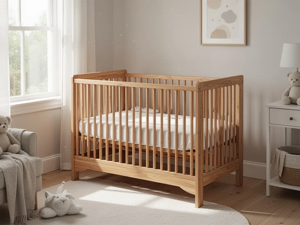 A sturdy wooden crib with adjustable mattress height, natural beech wood, soft daylight through a window, cozy nursery c