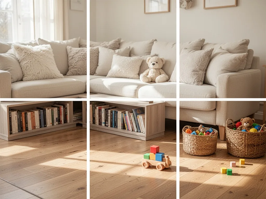 A bright family living room with three protected zones: a cream sofa with plush cushions, a low bookshelf with neatly ar