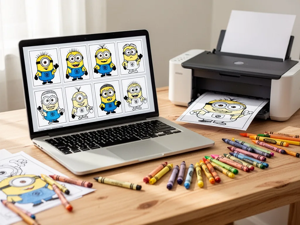 A laptop screen displaying a grid of Minion coloring pages, a printer with a half-emerged sheet, scattered crayons and p