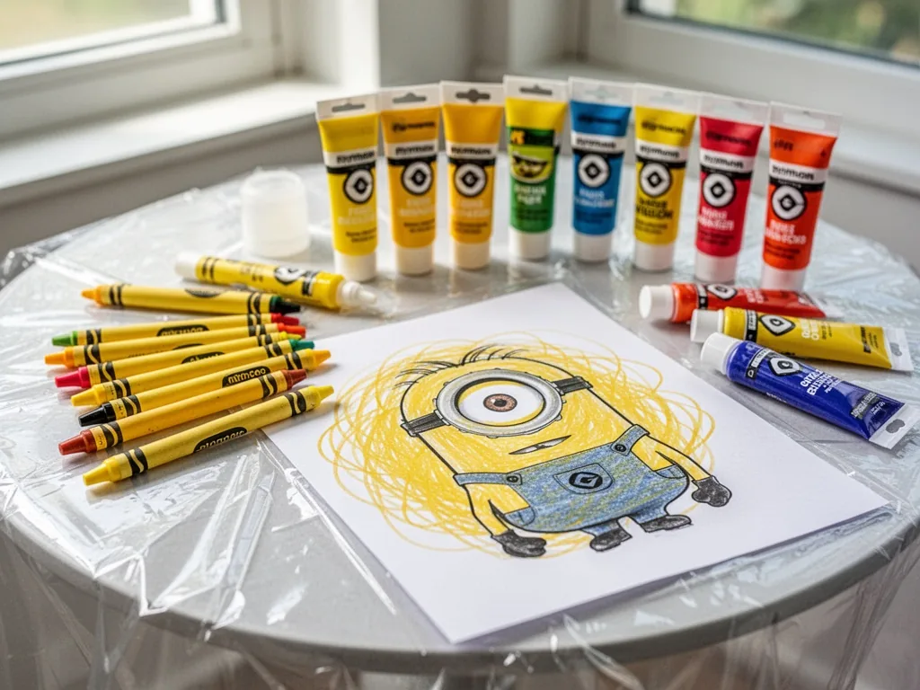 A selection of yellow crayons, markers, and paint tubes on a clear plastic tablecloth, a Minion coloring page with yello