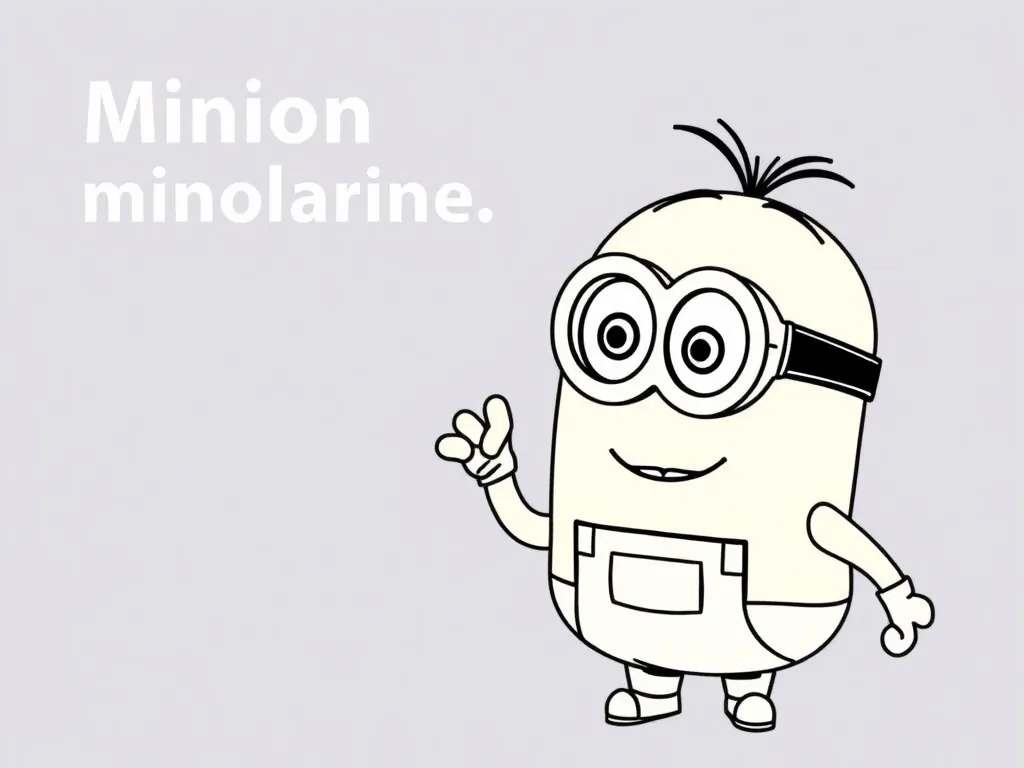 Un minion souriant colorie un dessin en noir et blanc avec des crayons