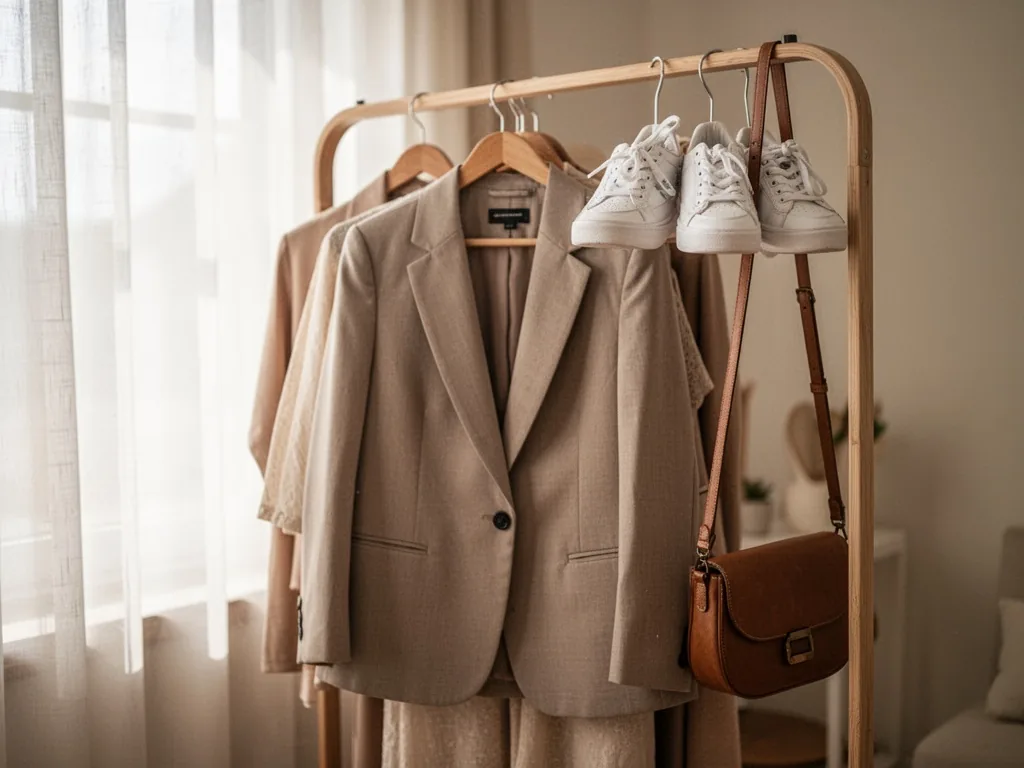 A stylish mom's wardrobe rack with a structured blazer, washable sneakers, and a crossbody bag, shallow focus, soft dayl